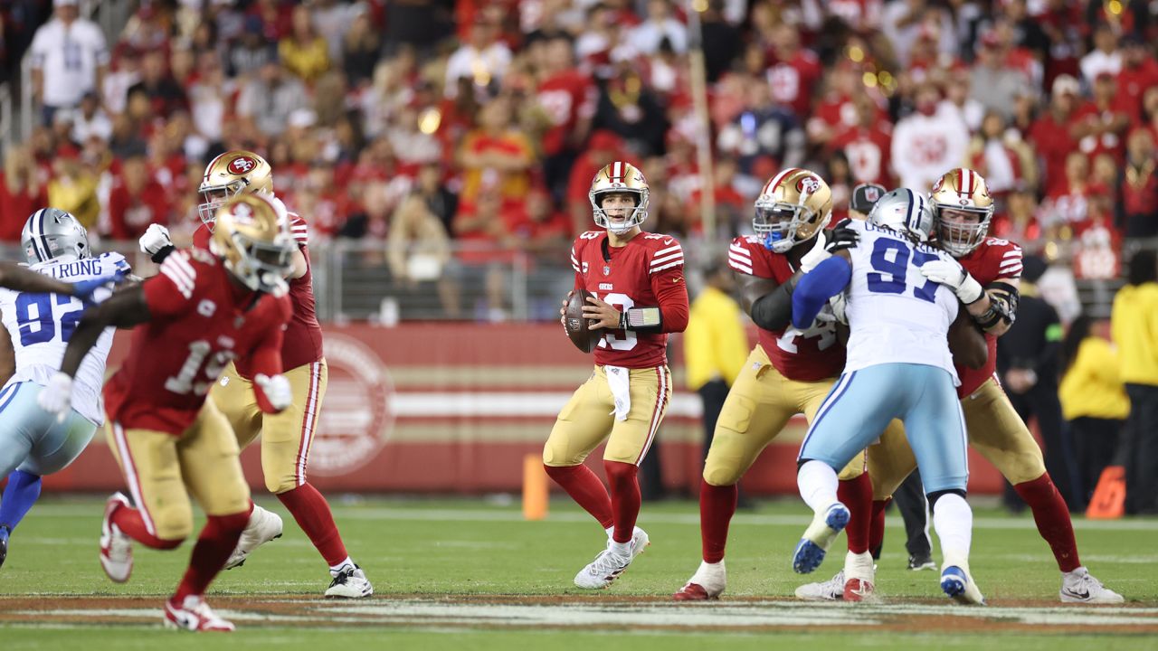 SANTA CLARA, CALIFORNIA - OCTOBER 08: Brock Purdy #13 of the San Francisco 49ers looks to pass during the third quarter against the Dallas Cowboys at Levi's Stadium on October 08, 2023 in Santa Clara, California. (Photo by Ezra Shaw/Getty Images)