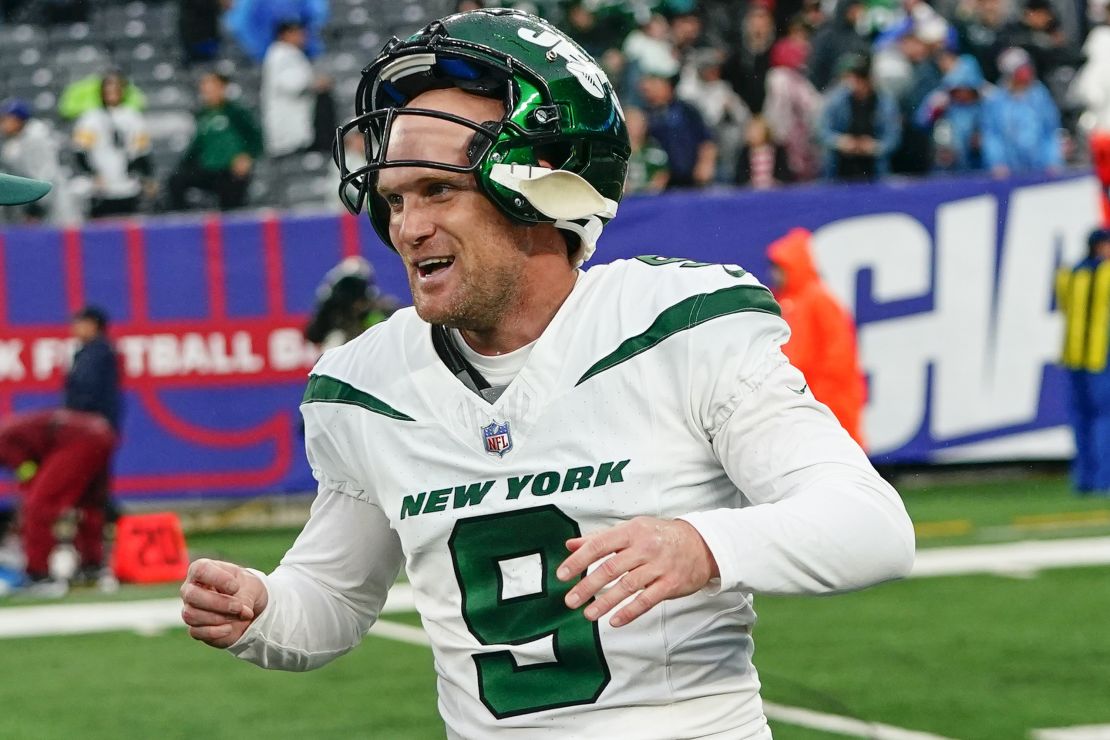 New York Jets place kicker Greg Zuerlein (9) reacts after kicking the game-winning field goal in overtime of an NFL football game against the New York Giants, Sunday, Oct. 29, 2023, in East Rutherford, N.J. (AP Photo/Frank Franklin II)