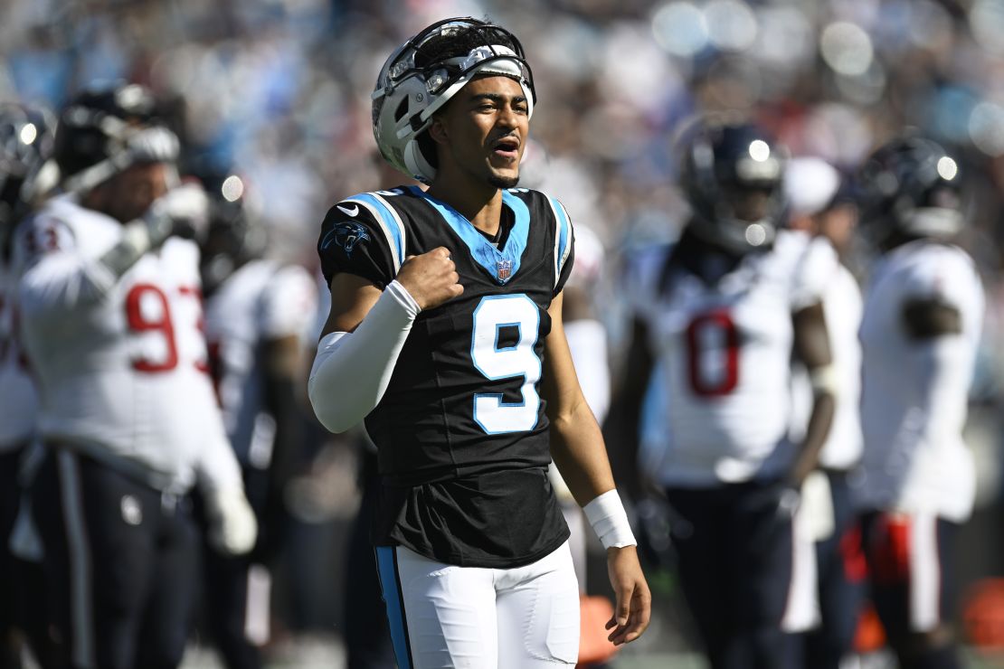 CHARLOTTE, NORTH CAROLINA - OCTOBER 29: Bryce Young #9 of the Carolina Panthers looks on during the first half of the game against the Houston Texans at Bank of America Stadium on October 29, 2023 in Charlotte, North Carolina. (Photo by Eakin Howard/Getty Images)