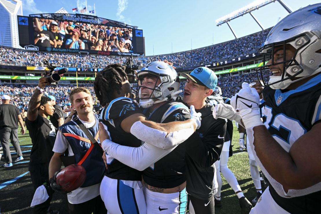 CHARLOTTE, NORTH CAROLINA - OCTOBER 29: Eddy Pineiro #4 of the Carolina Panthers celebrates after scoring the game winning field goal during the fourth quarter of the game against the Houston Texans at Bank of America Stadium on October 29, 2023 in Charlotte, North Carolina. (Photo by Grant Halverson/Getty Images)