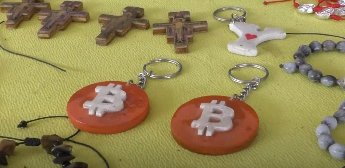 Bitcoin-themed keychains on sale at a store in Berlin, El Salvador.