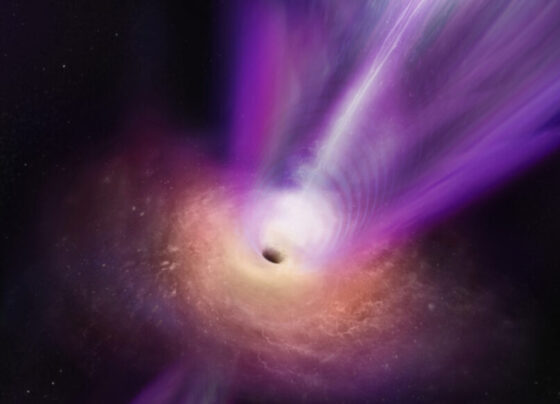 Illustration of a powerful jet of purple gas emanating from the black hole in the center of galaxy M87.