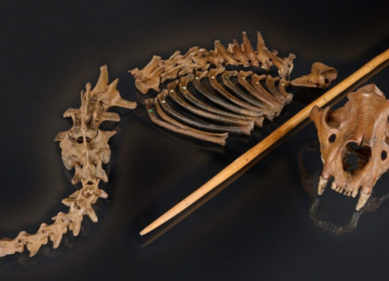 A partial skeleton of a cave lion lays on a dark surface. A spear replica lies between the skull and vertebrae.