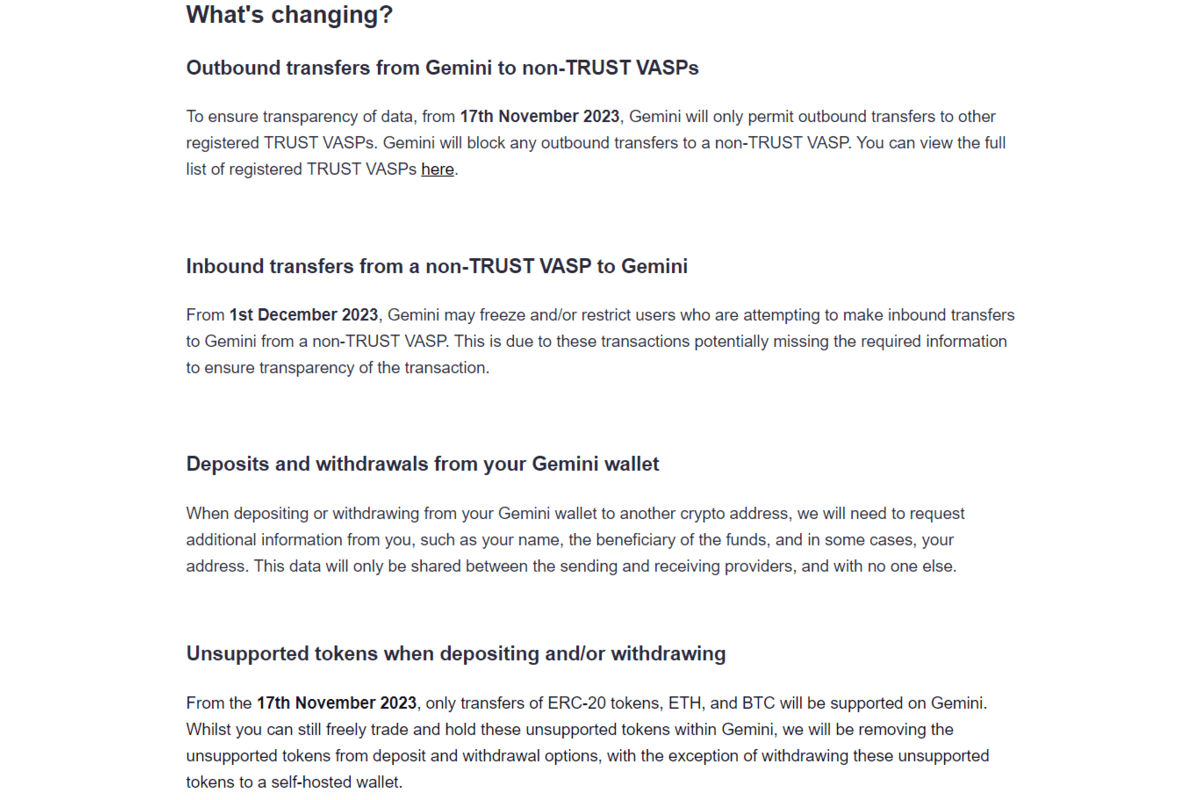 Gemini changes according to the new Travel Rule restriction