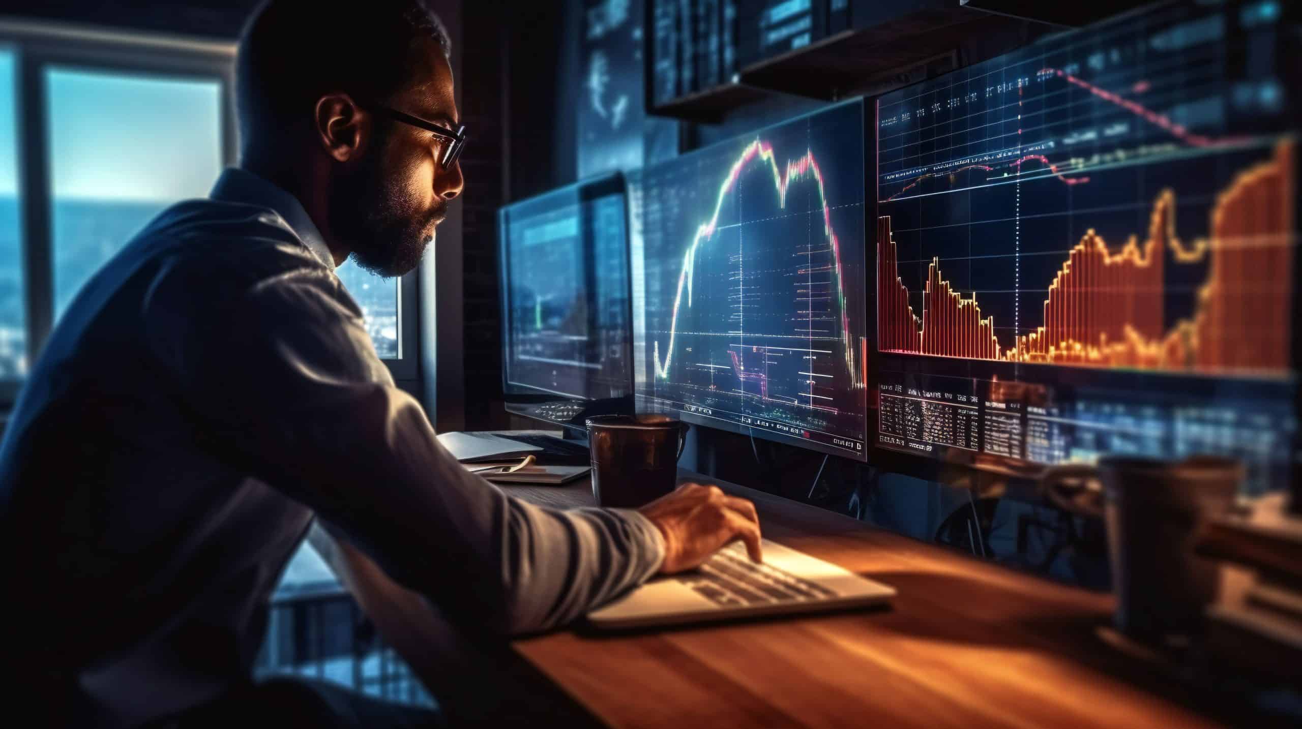 A solitary trader studies stock market graphs on expansive multi monitor workstations, employing mobile app analytics for cryptocurrency and investment growth chart analysis. AI Generative.