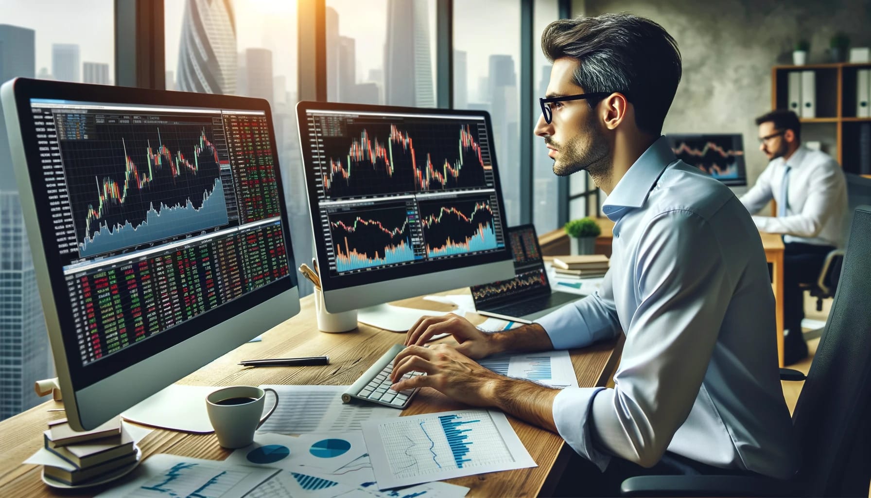 Crypto expert analyzing trading charts in his desktop computer.