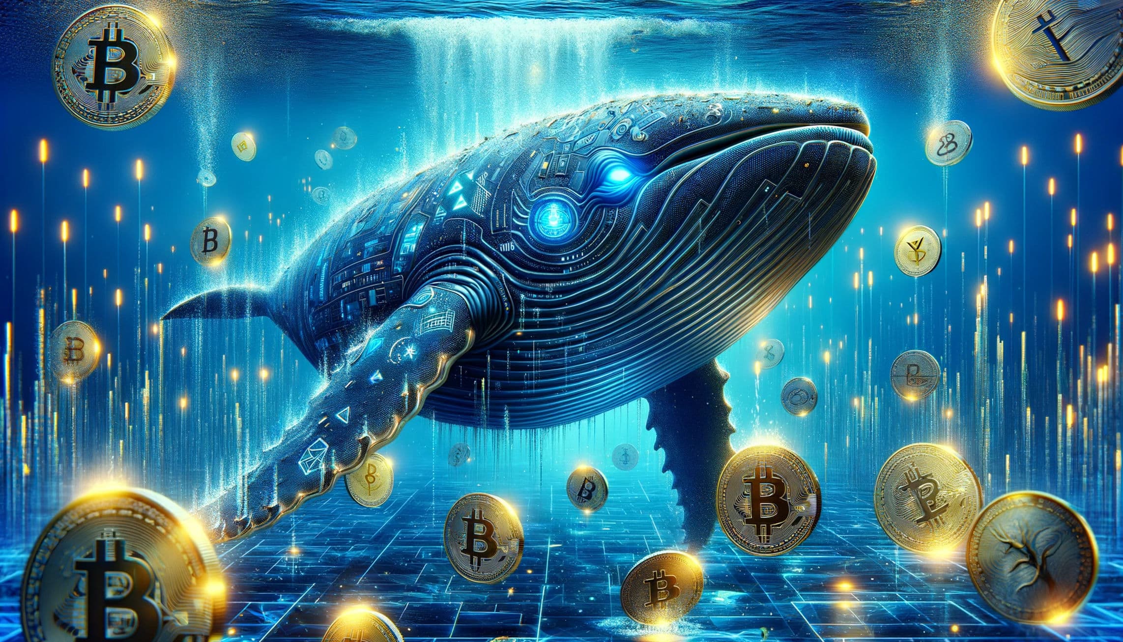 A mechanical whale swims in a digital sea with scattered cryptocurrency coins against a glowing circuit-like backdrop.