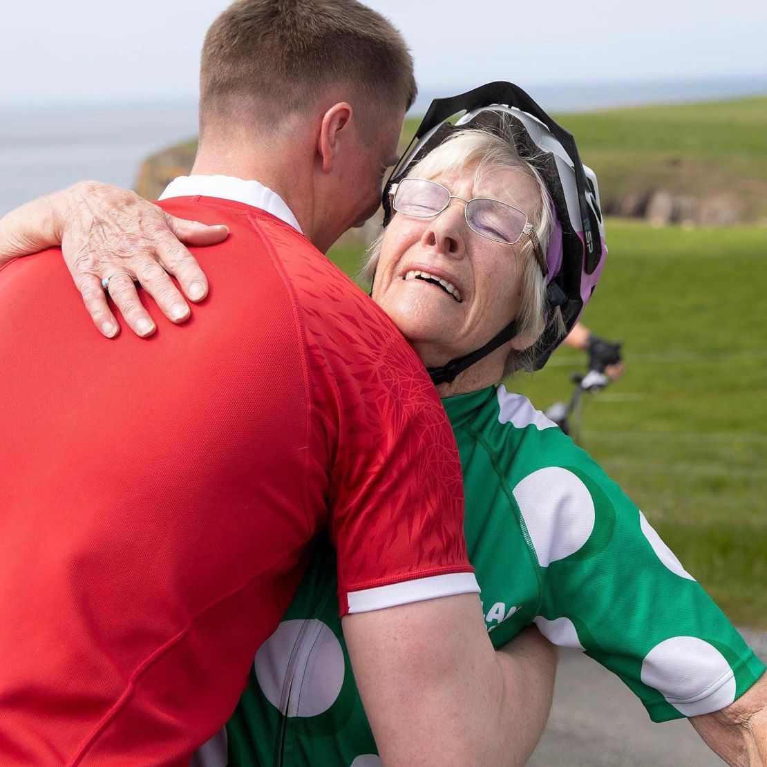 DO NOT USE UNTIL PERMISSION IS GRANTED + CLEARED WITH RACI -- Mavis Paterson hugs her grandson, William, at the end of her 1000+ mile Round Scotland Cycle Challenge to raise money for Macmillan Cancer Support.