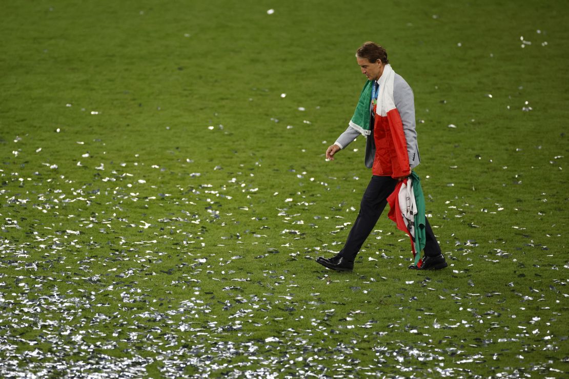 LONDON, ENGLAND - JULY 11: Roberto Mancini, Head Coach of Italy looks on following victory in the UEFA Euro 2020 Championship Final between Italy and England at Wembley Stadium on July 11, 2021 in London, England. (Photo by John Sibley - Pool/Getty Images)