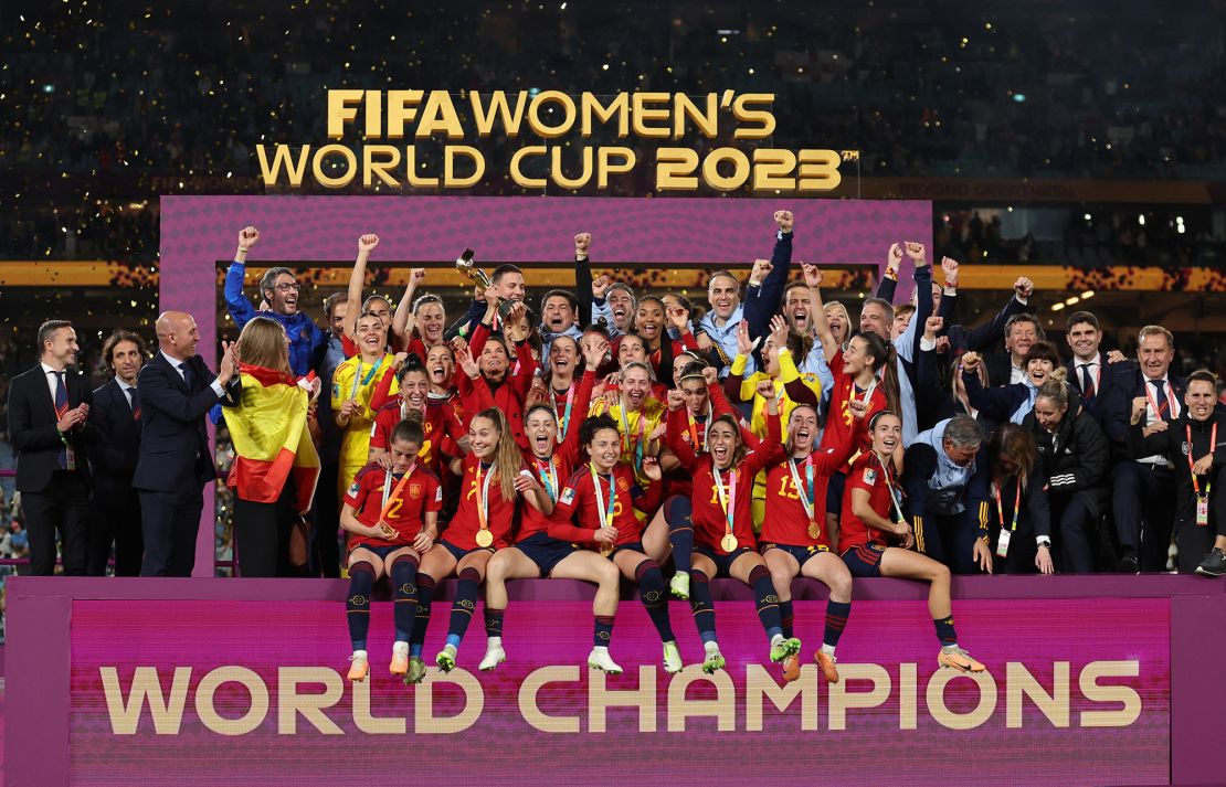 SYDNEY, AUSTRALIA - AUGUST 20:  Luis Rubiales, President of the Royal Spanish Federation joins in the celebrations as Queen Letzia of Spain lifts the trophy,  as the team celebrate at the awards ceremony after winning the FIFA Women's World Cup Australia & New Zealand 2023 Final match between Spain and England at Stadium Australia on August 20, 2023 in Sydney / Gadigal, Australia. (Photo by Catherine Ivill/Getty Images)