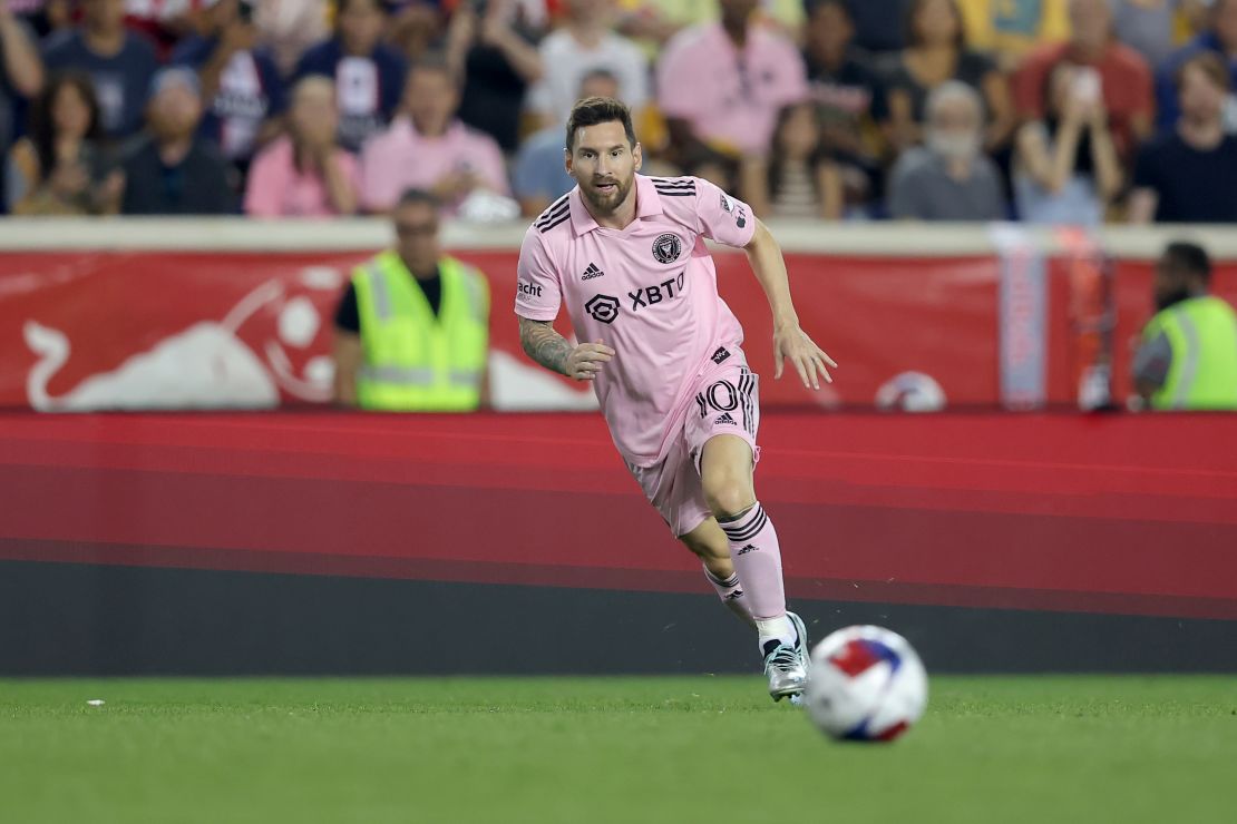 Aug 26, 2023; Harrison, New Jersey, USA; Inter Miami CF forward Lionel Messi (10) in action against the New York Red Bulls during the second half at Red Bull Arena. Mandatory Credit: Brad Penner-USA TODAY Sports