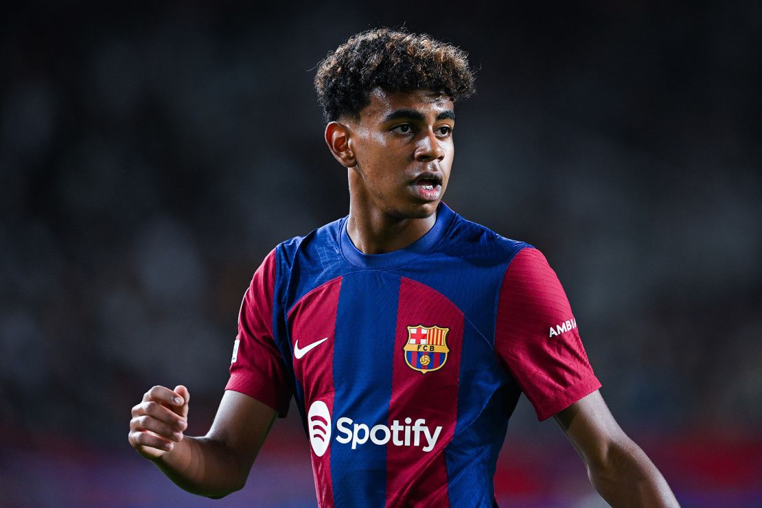 BARCELONA, SPAIN - SEPTEMBER 19: Lamine Yamal of FC Barcelona looks on during the UEFA Champions League match between FC Barcelona and Royal Antwerp FC at Estadi Olimpic Lluis Companys on September 19, 2023 in Barcelona, Spain. (Photo by David Ramos/Getty Images)