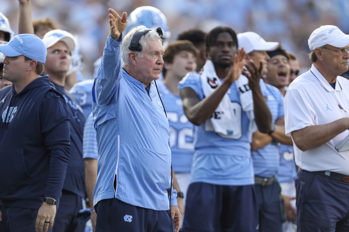 September 16, 2023: North Carolina Tar Heels head coach Mack Brown motions for a first down with ineligible wide receiver Devontez Walker (9) during the NCAA football game between the Minnesota Golden Gophers and North Carolina Tar Heels at Kenan Memorial Stadium in Chapel Hill, North Carolina. Greg Atkins/CSM (Credit Image: © Greg Atkins/Cal Sport Media) (Cal Sport Media via AP Images)