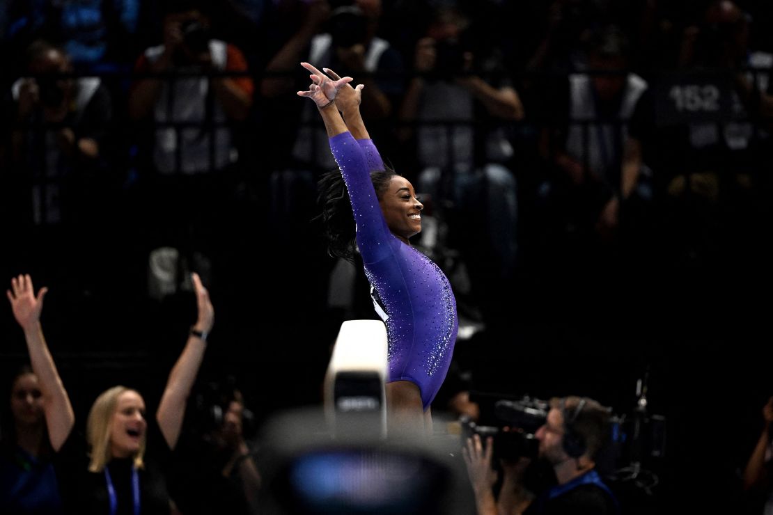 US' Simone Biles competes in the Women's Balance Beam Final during the 52nd FIG Artistic Gymnastics World Championships, in Antwerp, northern Belgium, on October 8, 2023.