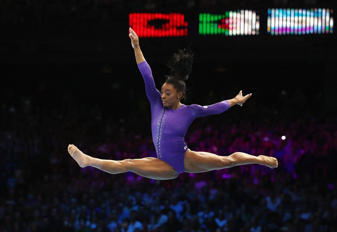 Gymnastics - 2023 World Artistic Gymnastics Championships - Sportpaleis, Antwerp, Belgium - October 8, 2023
Simone Biles of the U.S. in action on the floor during the women's apparatus finals