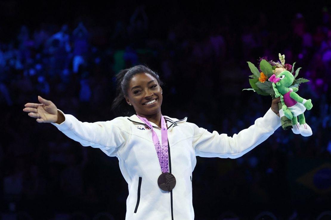 Gymnastics - 2023 World Artistic Gymnastics Championships - Sportpaleis, Antwerp, Belgium - October 8, 2023
Gold medallist Simone Biles of the U.S. celebrates during the medal ceremony after winning the floor exercise at the women's apparatus finals