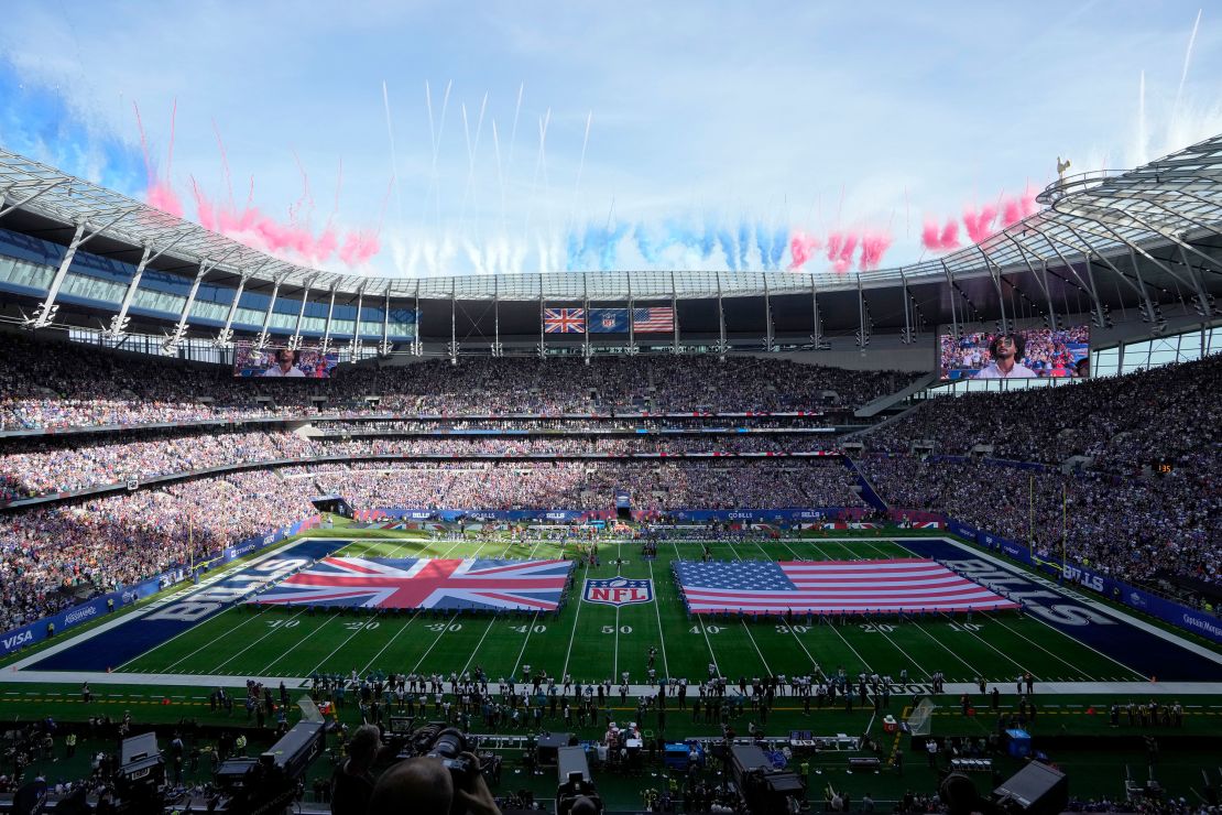 A general, overall, interior view before an NFL football game between the Jacksonville Jaguars and the Buffalo Bills at Tottenham Hotspur Stadium, Sunday, Oct. 8, 2023, in London. (AP Photo/Steve Luciano)