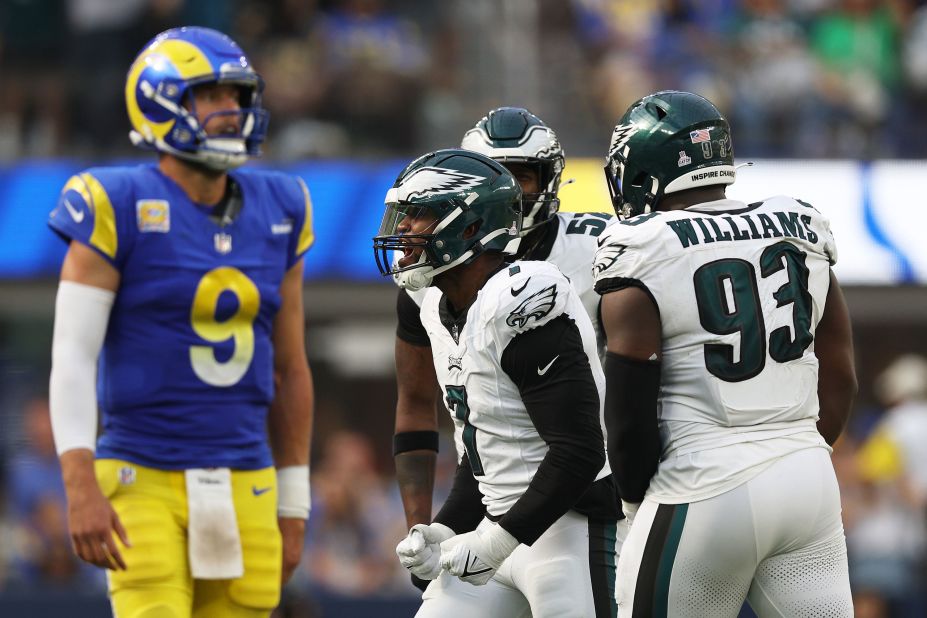 Haason Reddick of the Philadelphia Eagles celebrates after sacking Los Angeles Rams quarterback Matthew Stafford. The Eagles beat the Rams 23-14.