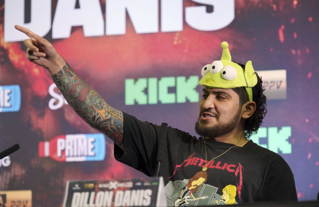 Dillon Danis during a press conference at the OVO Arena Wembley, London, Tuesday, Aug. 22, 2023. (Jonathan Brady/PA via AP)