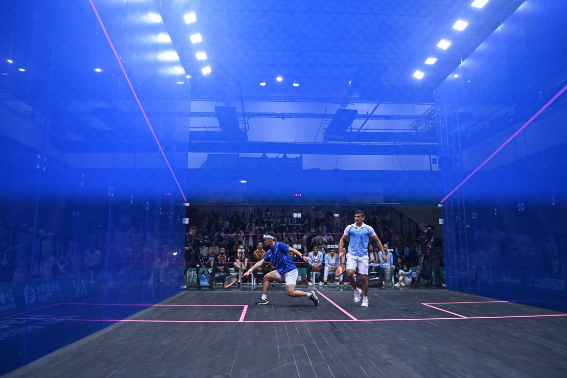 Ng Eain Yow L of Malaysia competes against Saurav Ghosal of India during the Men's Singles Gold Medal Match of Squash at the 19th Asian Games in Hangzhou, east China's Zhejiang Province, Oct. 5, 2023. (Photo by Huang Zongzhi/Xinhua via Getty Images)