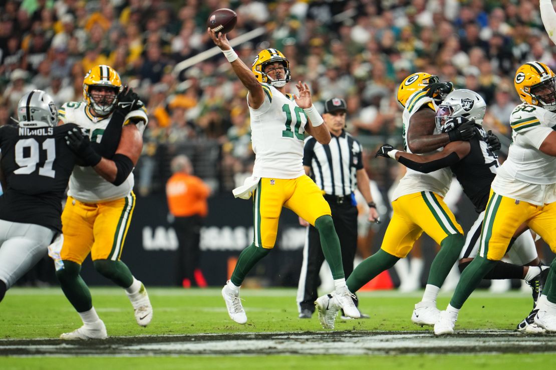 LAS VEGAS, NV - OCTOBER 09: Jordan Love #10 of the Green Bay Packers drops back to pass against the Las Vegas Raiders during the first half at Allegiant Stadium on October 9, 2023 in Las Vegas, Nevada. (Photo by Cooper Neill/Getty Images)