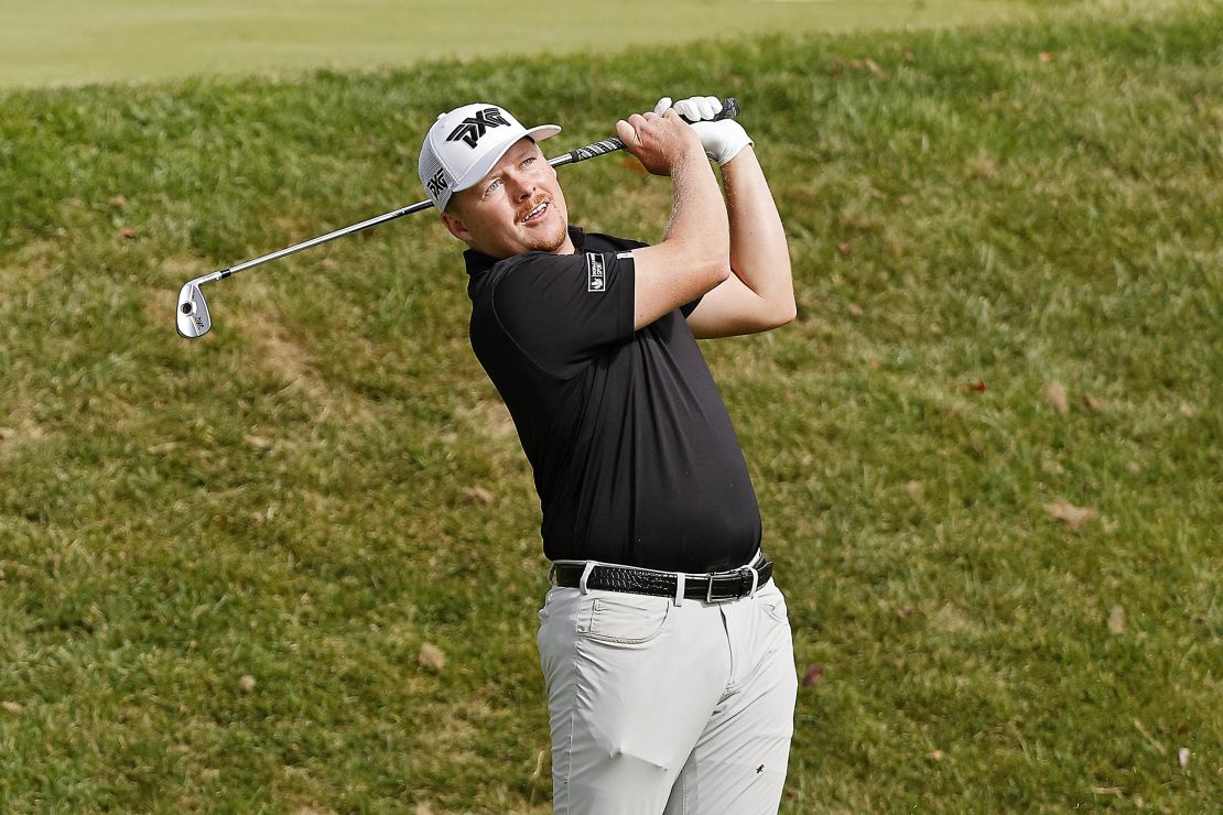 NEWBURGH, INDIANA - OCTOBER 08: Shad Tuten of the United States hits a tee shot on the seventh hole during the final round of the Korn Ferry Tour Championship presented by United Leasing & Finance at Victoria National Golf Club on October 08, 2023 in Newburgh, Indiana. (Photo by Mike Mulholland/Getty Images)