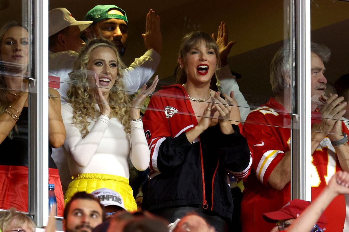 Brittany Mahomes and Taylor Swift celebrate a touchdown by the Kansas City Chiefs against the Denver Broncos during the second quarter at GEHA Field at Arrowhead Stadium on October 12, 2023 in Kansas City, Missouri.