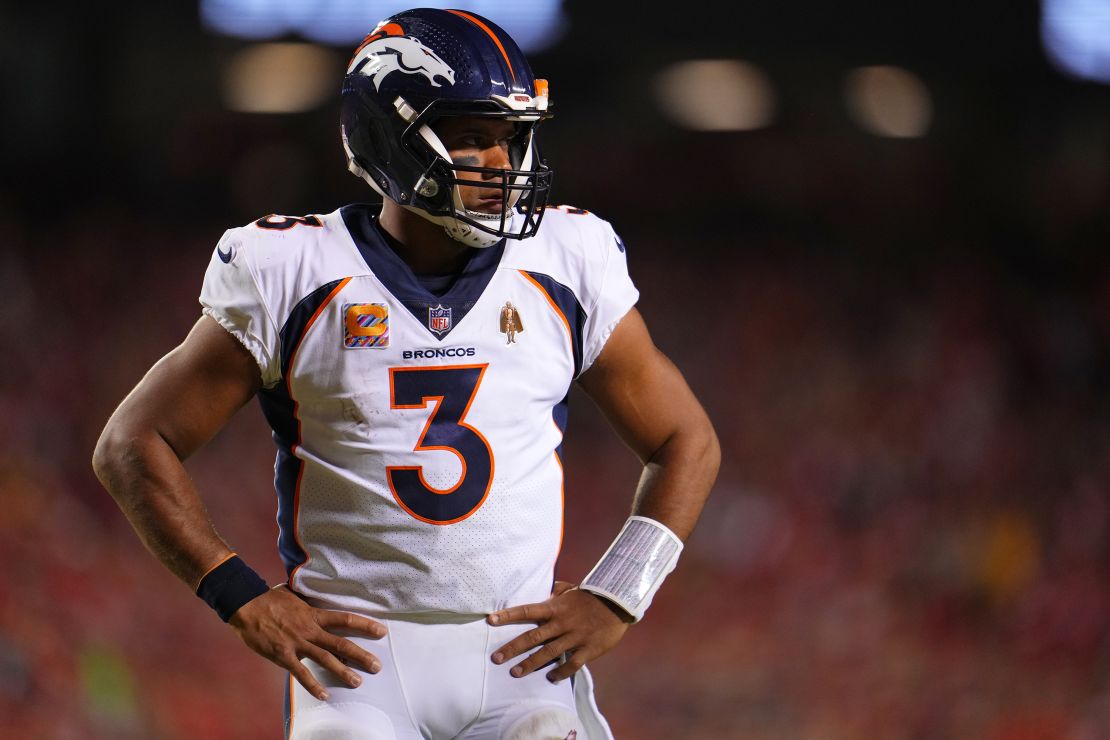 Russell Wilson #3 of the Denver Broncos looks towards the sideline against the Kansas City Chiefs at GEHA Field at Arrowhead Stadium on October 12, 2023 in Kansas City, Missouri.