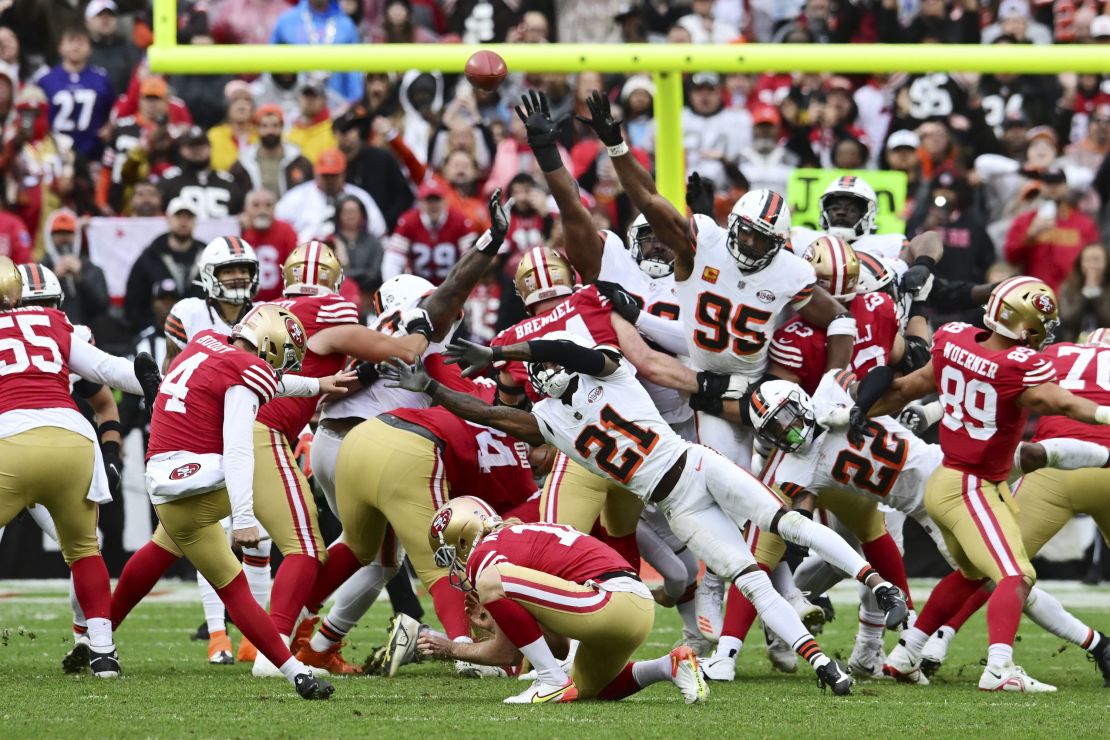 Oct 15, 2023; Cleveland, Ohio, USA; San Francisco 49ers place kicker Jake Moody (4) attempts a game winning field goal during the fourth quarter against the Cleveland Browns at Cleveland Browns Stadium. The kick was no good. Mandatory Credit: Ken Blaze-USA TODAY Sports