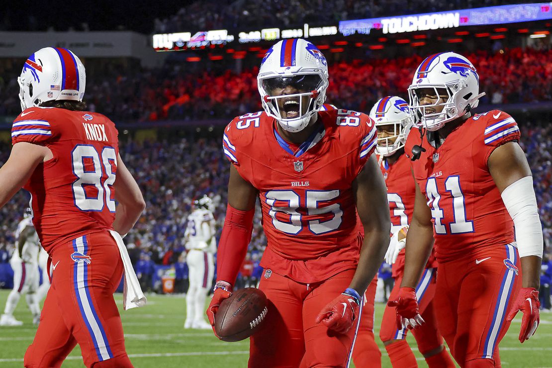 ORCHARD PARK, NEW YORK - OCTOBER 15: Quintin Morris #85 of the Buffalo Bills celebrates after catching a touchdown pass in the fourth quarter of a game against the New York Giants at Highmark Stadium on October 15, 2023 in Orchard Park, New York. (Photo by Timothy T Ludwig/Getty Images)