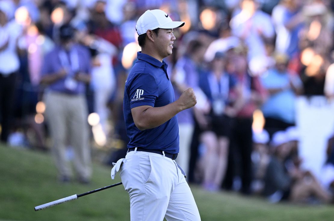 LAS VEGAS, NEVADA - OCTOBER 15: Tom Kim of South Korea reacts to his winning putt on the 18th green during the final round of the Shriners Children's Open at TPC Summerlin on October 15, 2023 in Las Vegas, Nevada. (Photo by Orlando Ramirez/Getty Images)