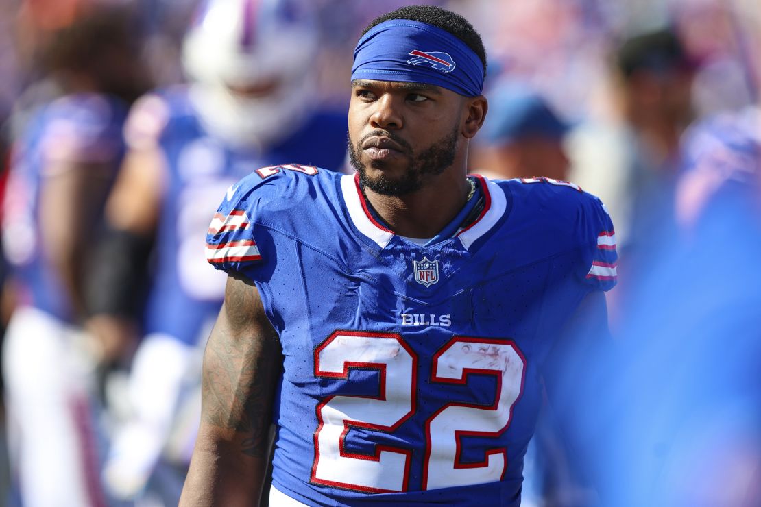 Buffalo Bills running back Damien Harris walks the sideline during an NFL game against the Miami Dolphins on October 1 in Orchard Park, New York.