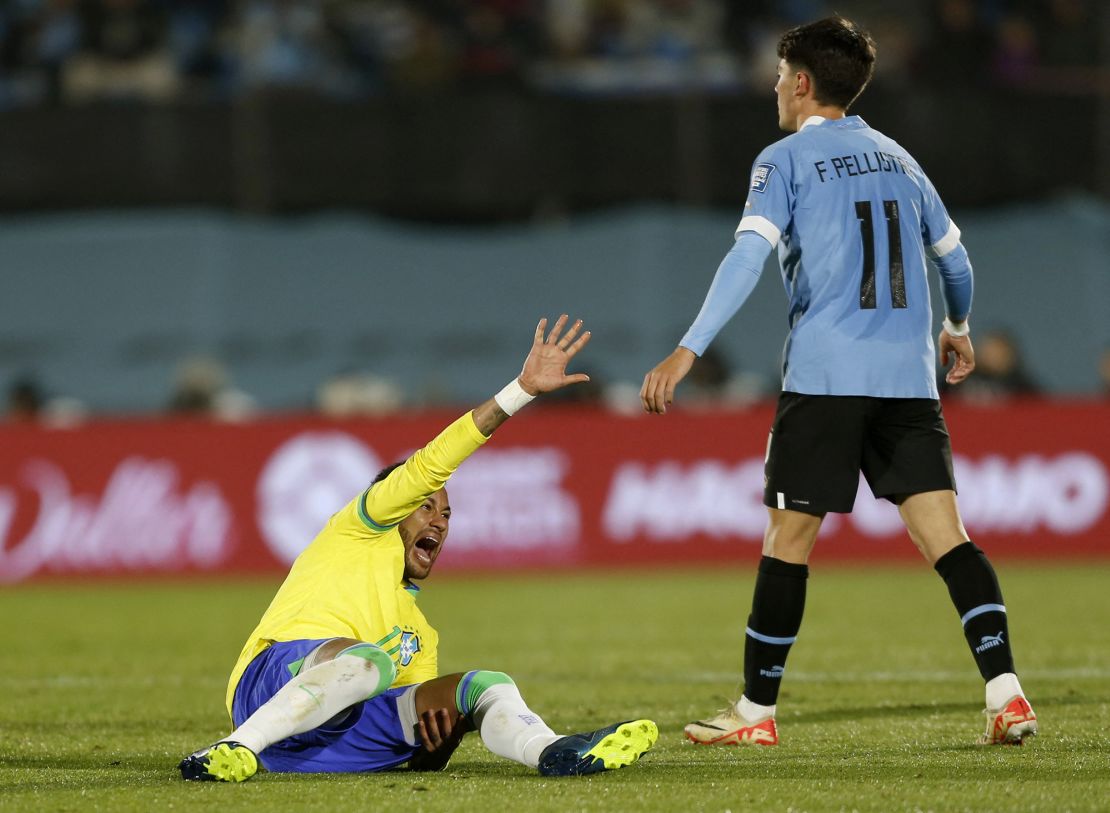 Soccer Football - World Cup - South American Qualifiers - Uruguay v Brazil - Estadio Centenario, Montevideo, Uruguay - October 17, 2023
Brazil's Neymar reacts after sustaining an injury REUTERS/Andres Cuenca