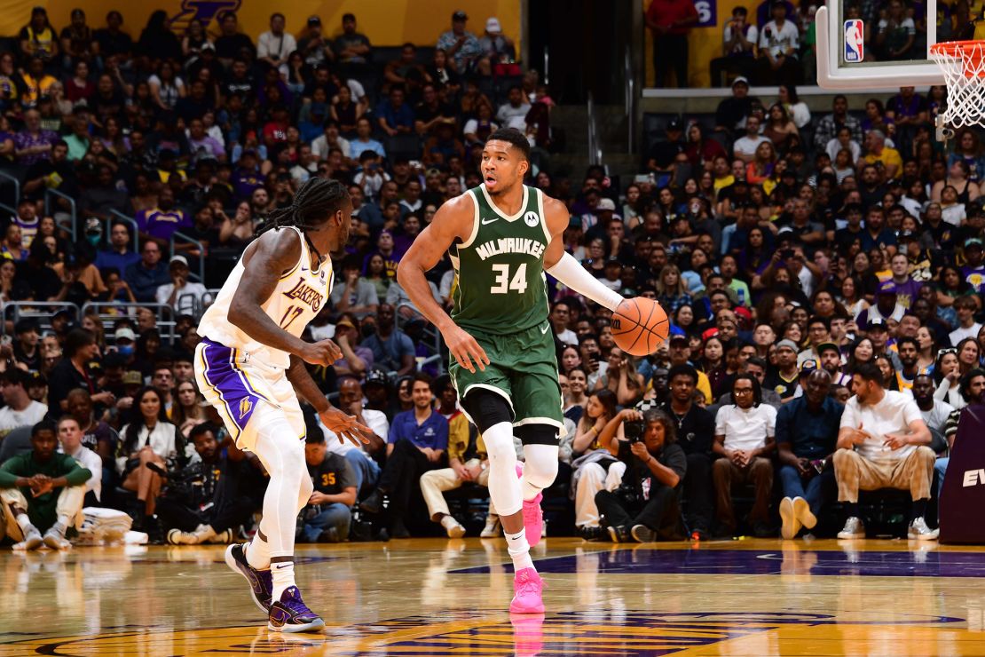 LOS ANGELES, CA - OCTOBER 15: Giannis Antetokounmpo #34 of the Milwaukee Bucks dribbles the ball during the game against the Los Angeles Lakers on October 15, 2023 at Crypto.Com Arena in Los Angeles, California. NOTE TO USER: User expressly acknowledges and agrees that, by downloading and/or using this Photograph, user is consenting to the terms and conditions of the Getty Images License Agreement. Mandatory Copyright Notice: Copyright 2023 NBAE (Photo by Adam Pantozzi/NBAE via Getty Images)