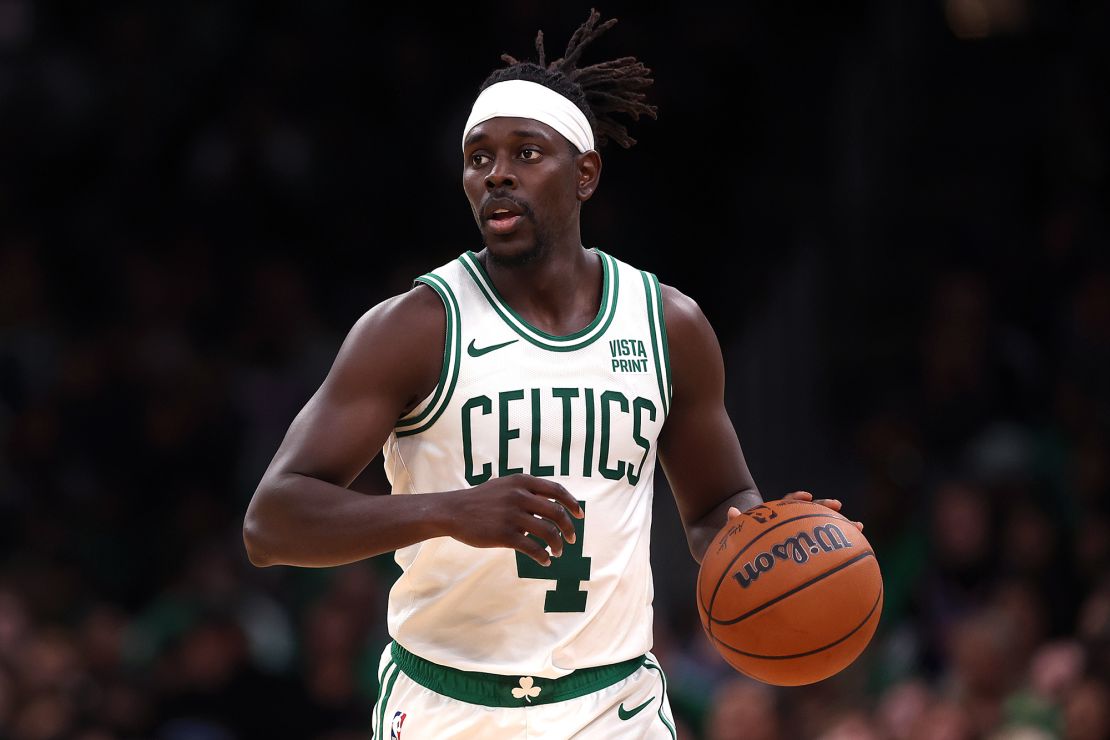 BOSTON, MASSACHUSETTS - OCTOBER 17: Jrue Holiday #4 of the Boston Celtics dribbles during the second half of the Celtic's preseason game against the New York Knicks at TD Garden on October 17, 2023 in Boston, Massachusetts. NOTE TO USER: User expressly acknowledges and agrees that, by downloading and or using this photograph, User is consenting to the terms and conditions of the Getty Images License Agreement.  (Photo by Maddie Meyer/Getty Images)