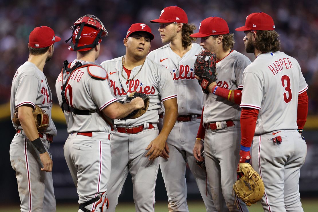 PHOENIX, ARIZONA - OCTOBER 19: Ranger Suarez #55 of the Philadelphia Phillies reacts as he walks back to the dugout after being relieved against the Arizona Diamondbacks during the sixth inning in Game Three of the National League Championship Series at Chase Field on October 19, 2023 in Phoenix, Arizona. (Photo by Harry How/Getty Images)