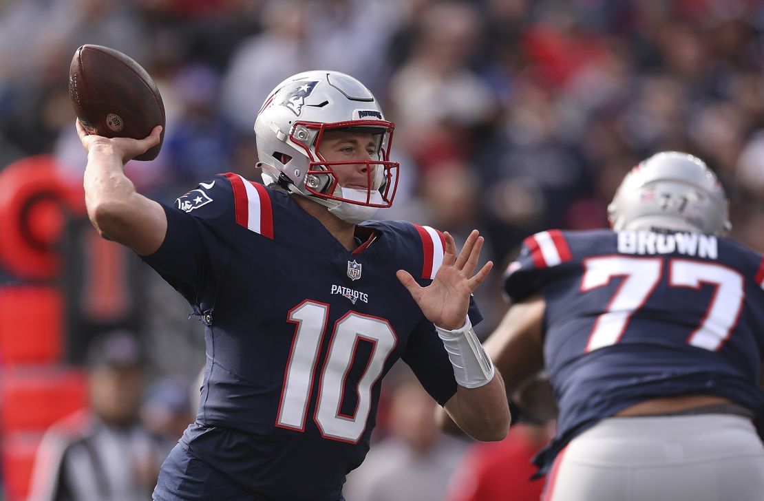 FOXBOROUGH, MASSACHUSETTS - OCTOBER 22: Mac Jones #10 of the New England Patriots passes the ball in the first half of the game against the Buffalo Bills at Gillette Stadium on October 22, 2023 in Foxborough, Massachusetts. (Photo by Maddie Meyer/Getty Images)