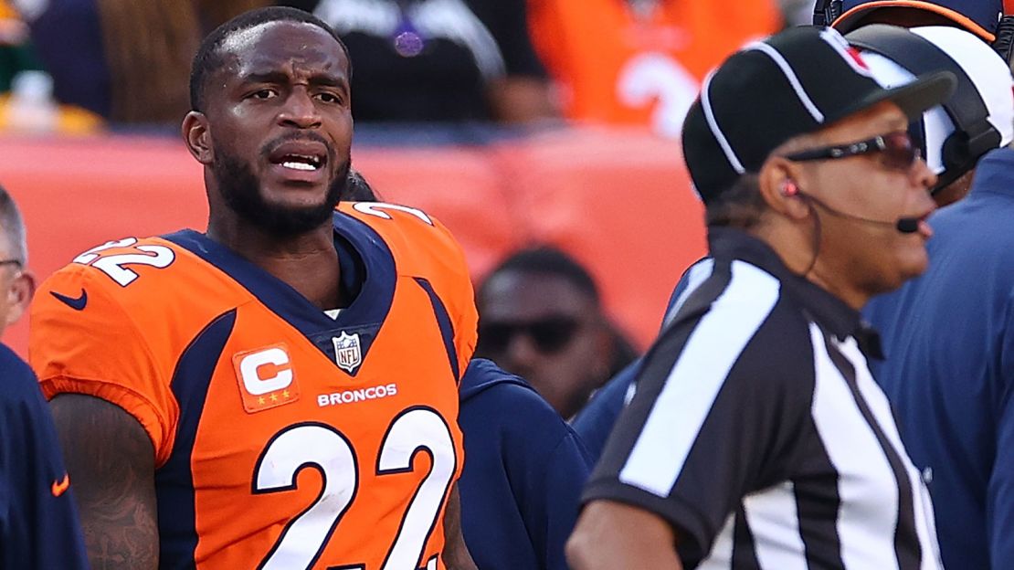 DENVER, COLORADO - OCTOBER 22: Kareem Jackson #22 of the Denver Broncos reacts after being penalized on a play in the fourth quarter of the game against the Green Bay Packers at Empower Field At Mile High on October 22, 2023 in Denver, Colorado. (Photo by Jamie Schwaberow/Getty Images)