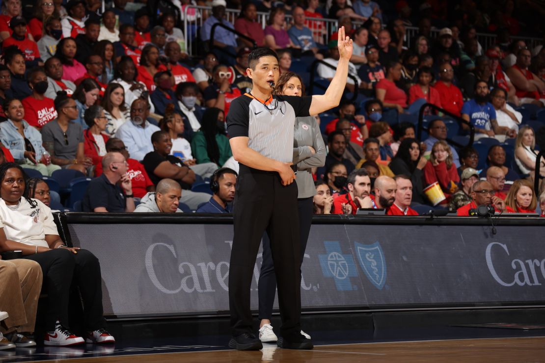 WASHINGTON, D.C. - MAY 23: WNBA referee Intae Hwang #41 officiates the game between the Connecticut Sun and the Washington Mystics on May 23, 2023 at Entertainment and Sports Arena in Washington, D.C. NOTE TO USER: User expressly acknowledges and agrees that, by downloading and or using this photograph, User is consenting to the terms and conditions of the Getty Images License Agreement. Mandatory Copyright Notice: Copyright 2023 NBAE (Photo by Stephen Gosling/NBAE via Getty Images)