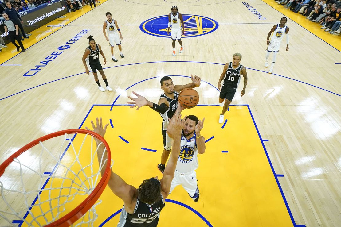 October 20, 2023; San Francisco, California, USA; San Antonio Spurs center Victor Wembanyama (1) blocks the shot attempt by Golden State Warriors guard Stephen Curry (30) during the first half at Chase Center. Mandatory Credit: Kyle Terada-USA TODAY Sports