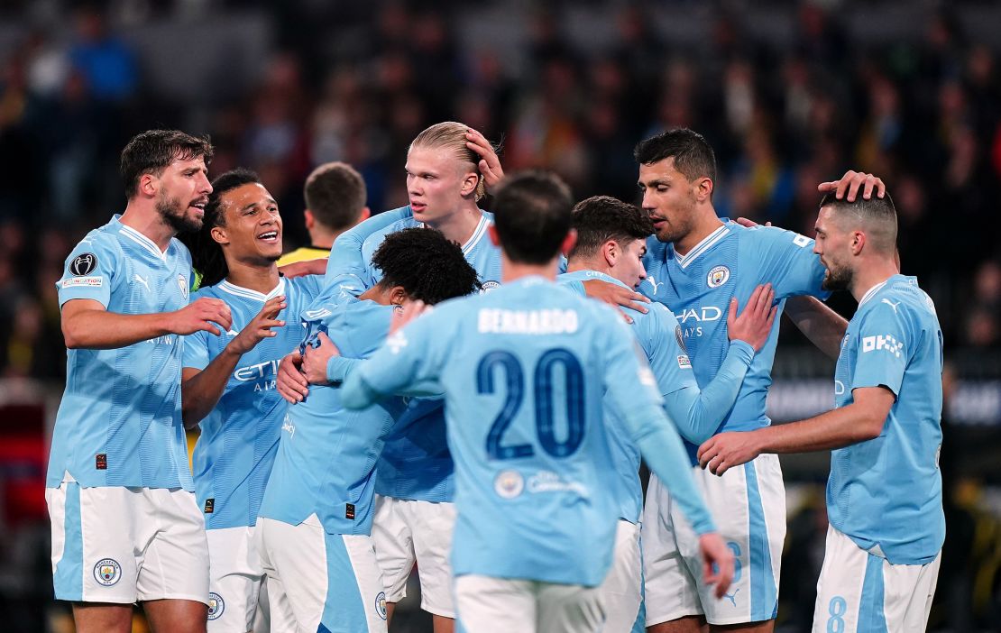 Manchester City's Erling Haaland celebrates scoring their side's second goal of the game with team-mates during the UEFA Champions League Group G match at the Wankdorf Stadium in Bern, Switzerland. Picture date: Wednesday October 25, 2023. (Photo by Zac Goodwin/PA Images via Getty Images)