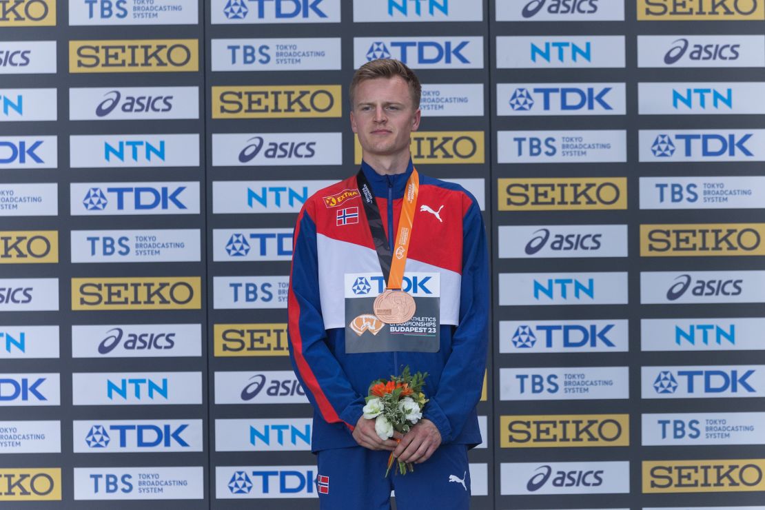 BUDAPEST, HUNGARY - AUGUST 25: Bronze medalist Narve Gilje Nordas of Team Norway poses for a photo during the medal ceremony for the men's 1500m during day seven of the World Athletics Championships Budapest 2023 at National Athletics Centre on August 25, 2023 in Budapest, Hungary. (Photo by Sam Mellish/Getty Images)