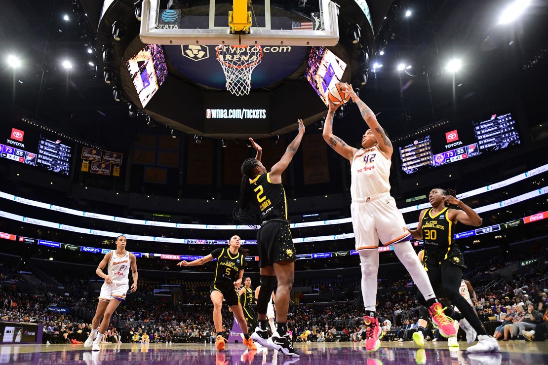 LOS ANGELES, CA - MAY 19: Brittney Griner #42 of the Phoenix Mercury shoots the ball during the game against the Los Angeles Sparks on May 19, 2023 at Crypto.Com Arena in Los Angeles, California. NOTE TO USER: User expressly acknowledges and agrees that, by downloading and/or using this Photograph, user is consenting to the terms and conditions of the Getty Images License Agreement. Mandatory Copyright Notice: Copyright 2023 NBAE (Photo by Adam Pantozzi/NBAE via Getty Images)