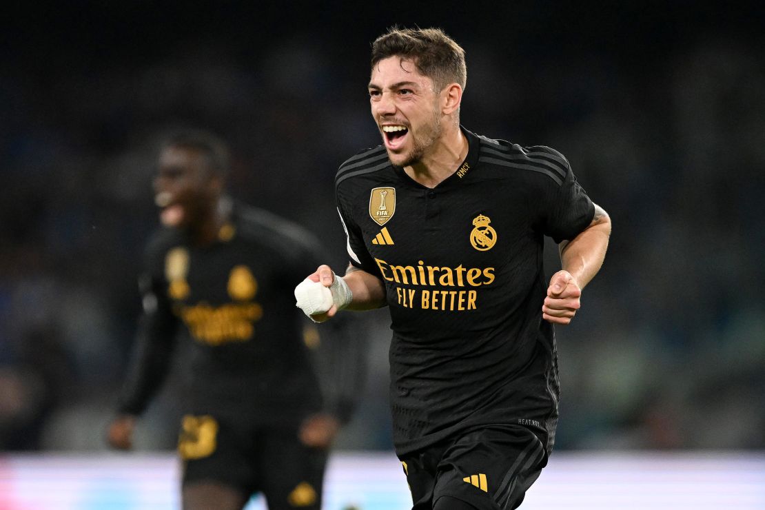 NAPLES, ITALY - OCTOBER 03: Federico Valverde of Real Madrid celebrates after Alex Meret of Napoli (not pictured) scores an own goal and the team's third goal during the UEFA Champions League match between SSC Napoli and Real Madrid CF at Stadio Diego Armando Maradona on October 03, 2023 in Naples, Italy. (Photo by Francesco Pecoraro/Getty Images)