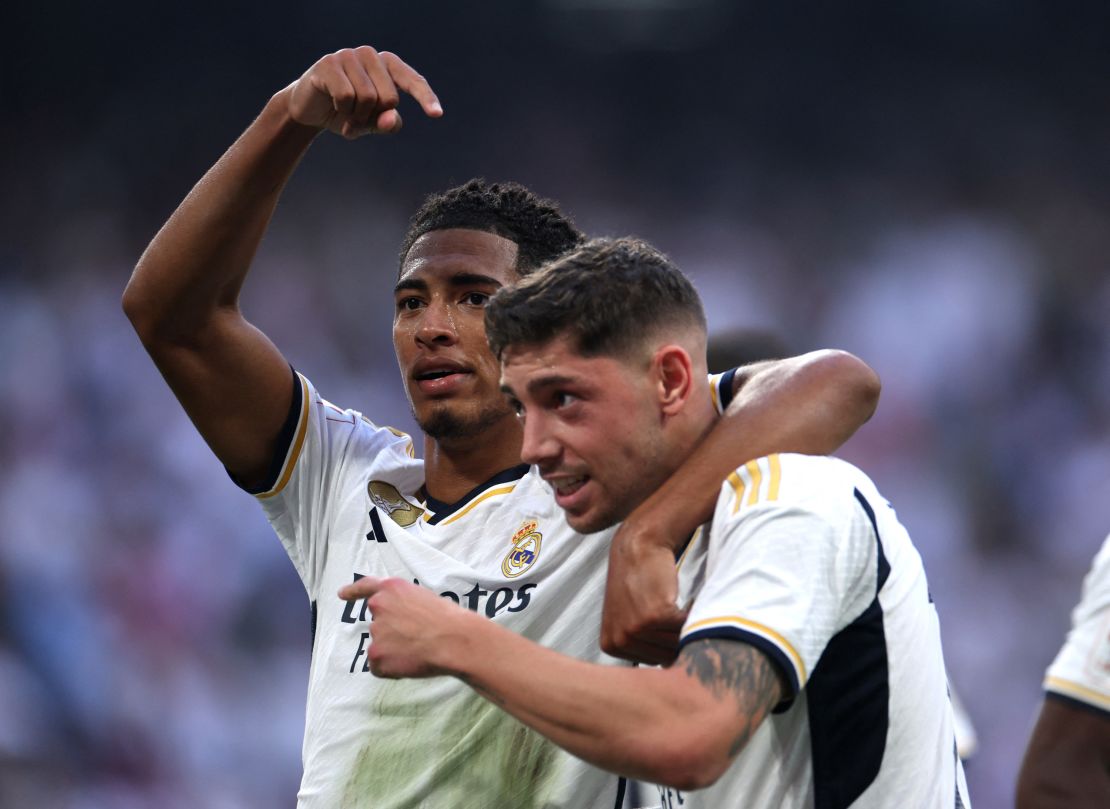 Soccer Football - LaLiga - Real Madrid v Osasuna - Santiago Bernabeu, Madrid, Spain - October 7, 2023
Real Madrid's Jude Bellingham celebrates scoring their second goal with Federico Valverde REUTERS/Isabel Infantes