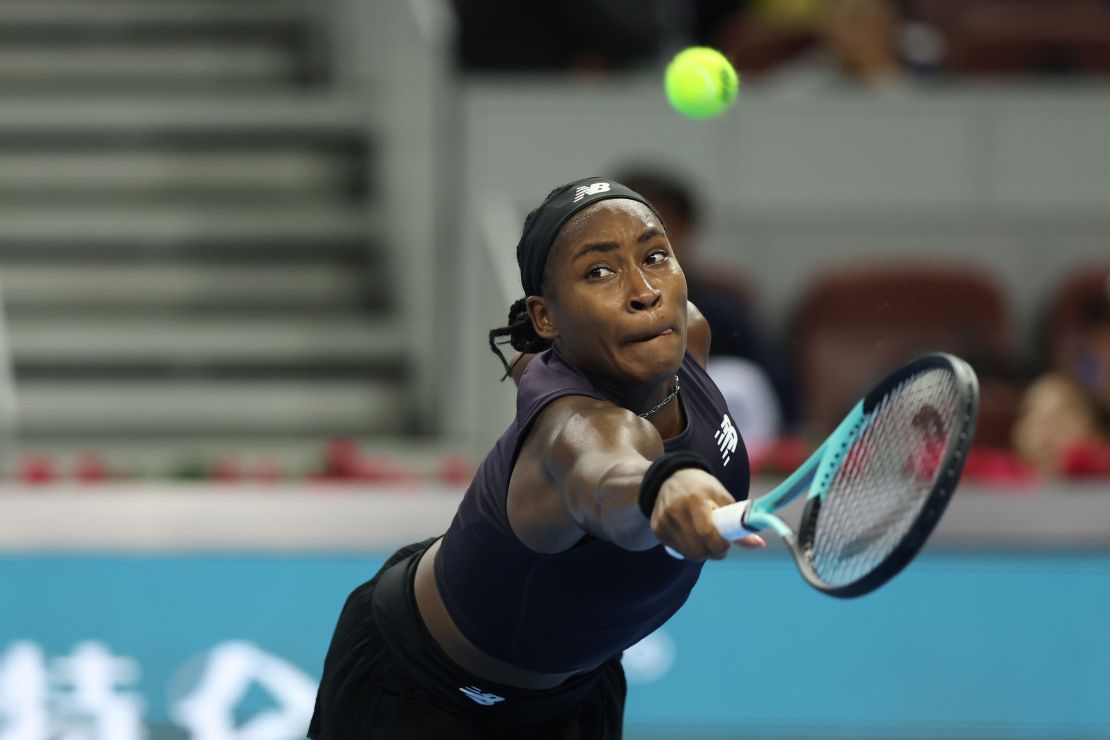 BEIJING, CHINA - OCTOBER 03: Coco Gauff of the United States returns a shot during the Women's Singles Round of 32 match against Petra Martic of Croatia on day 8 of the 2023 China Open at National Tennis Center on October 03, 2023 in Beijing, China. (Photo by Emmanuel Wong/Getty Images)