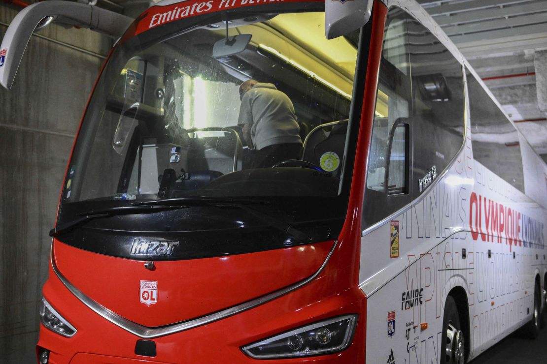 A photograph taken at Stade Velodrome in Marseille, southern France on October 29, 2023, shows Lyon's travelling team bus, with one window completely broken (unseen)  and another damaged, after the bus was stoned as it entered the Stade Velodrome ahead of the French L1 football match between Olympique Marseille (OM) and Olympique Lyonnais (OL). The Ligue 1 encounter between Marseille and Lyon was postponed on October 29, 2023 after the travelling team's bus was attacked with stones, injuring coach Fabio Grosso. (Photo by CHRISTOPHE SIMON / AFP) (Photo by CHRISTOPHE SIMON/AFP via Getty Images)