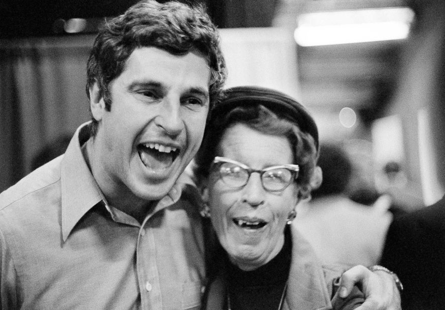 Knight hugs his mother, Hazel, after Indiana's NCAA tournament victory in 1976.