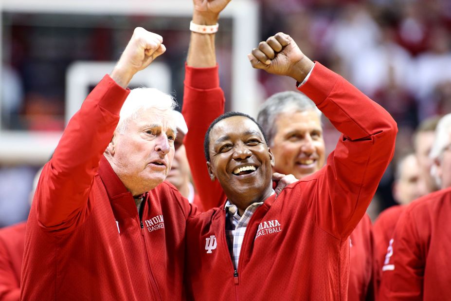 Knight and former Indiana Hoosiers player Isaiah Thomas appear on the court at half time during a game against the Purdue Boilermakers in 2020.