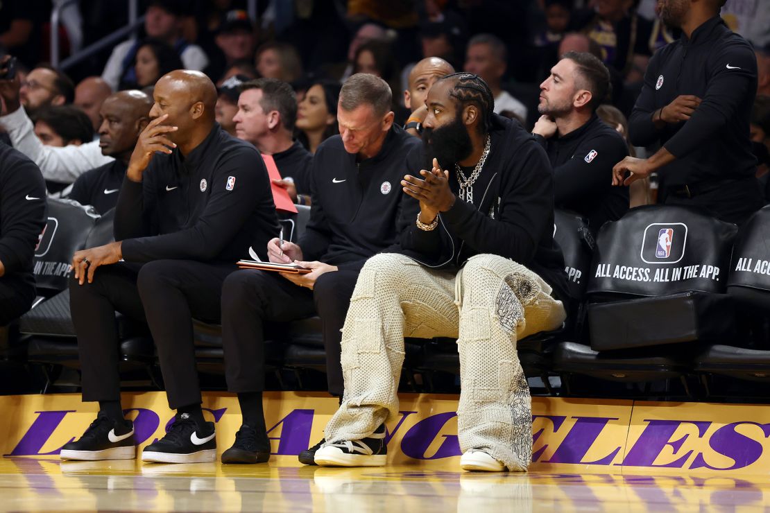 LOS ANGELES, CALIFORNIA - NOVEMBER 01: James Harden of the Los Angeles Clippers looks on from the bench during the first quarter against the Los Angeles Lakers at Crypto.com Arena on November 01, 2023 in Los Angeles, California. NOTE TO USER: User expressly acknowledges and agrees that, by downloading and or using this photograph, User is consenting to the terms and conditions of the Getty Images License Agreement. (Photo by Katelyn Mulcahy/Getty Images)